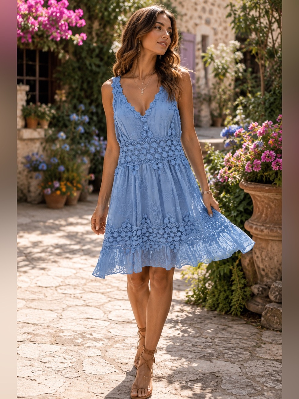 Ranna Gill Blue Embroidered Lace Viscose Boho Dress S